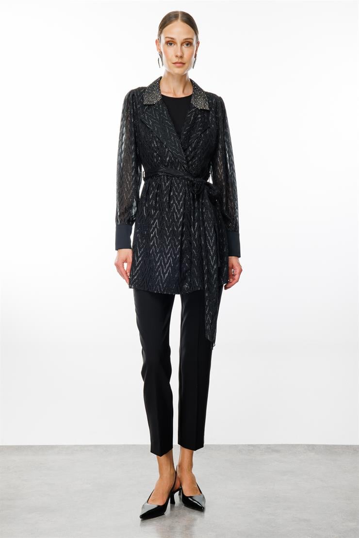 Modailgi  Yakası Taşlı Simli Jakar Uzun Organze Tunik Siyah