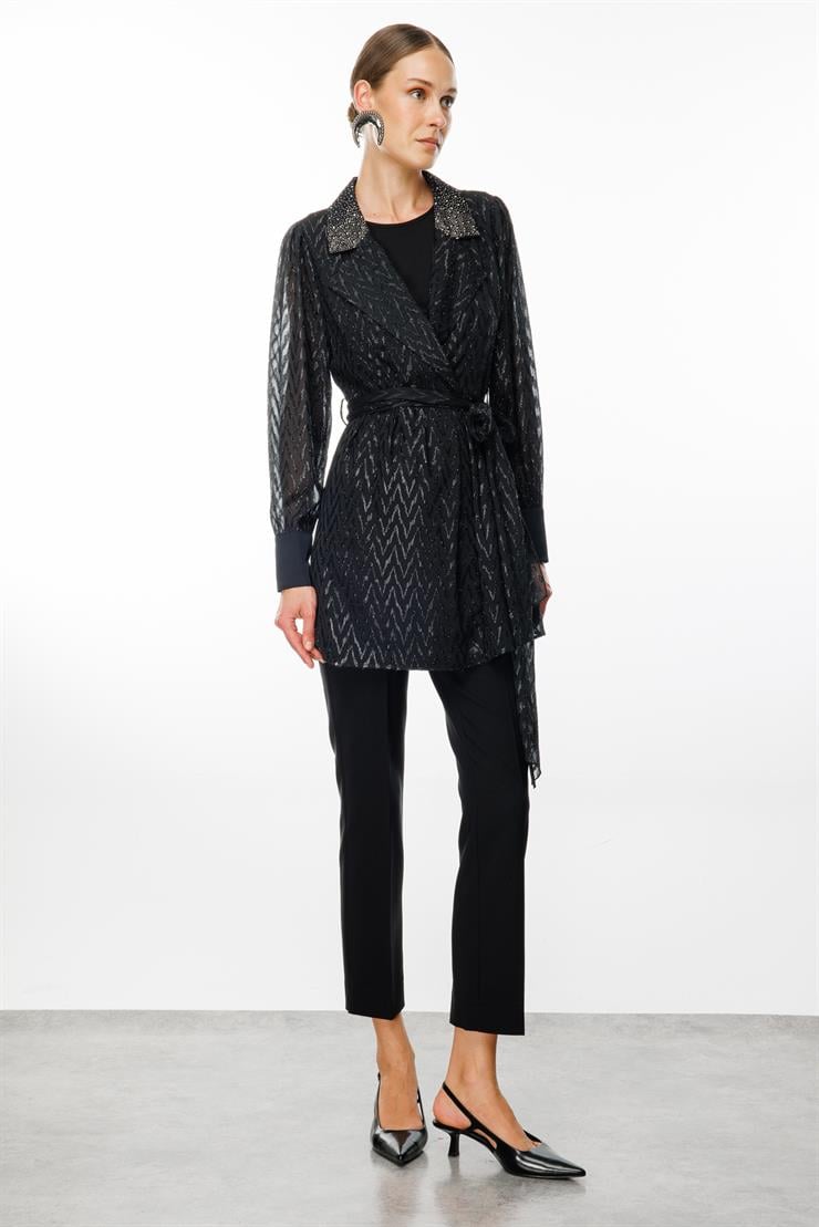 Modailgi  Yakası Taşlı Simli Jakar Uzun Organze Tunik Siyah