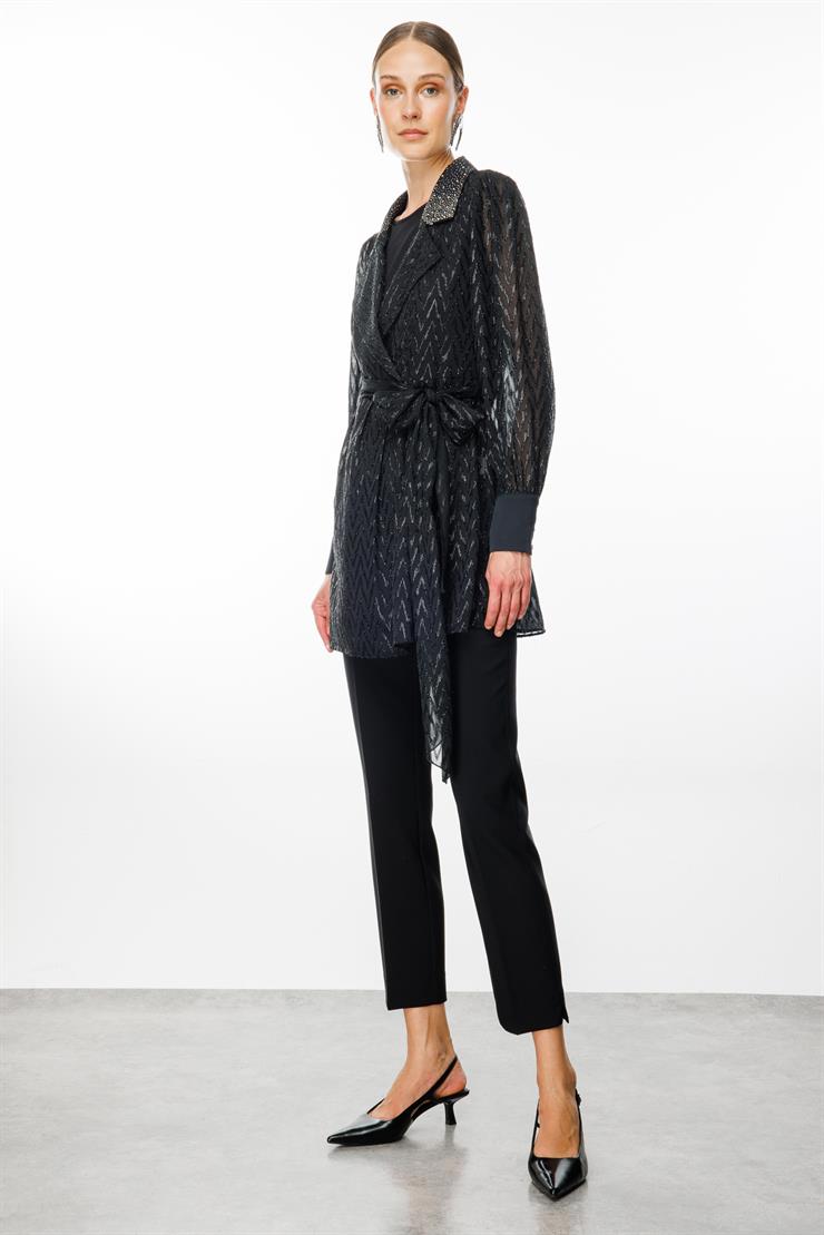 Modailgi  Yakası Taşlı Simli Jakar Uzun Organze Tunik Siyah