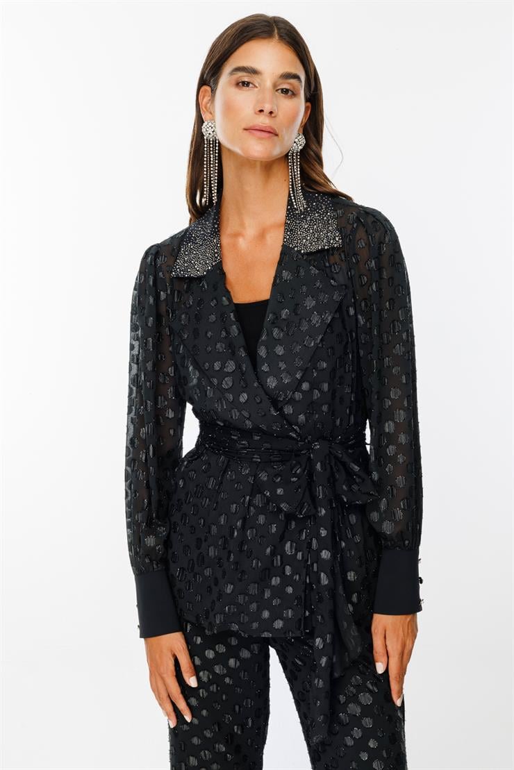 Modailgi  Yakası Taşlı Simli Puantiyeli Organze Tunik Siyah