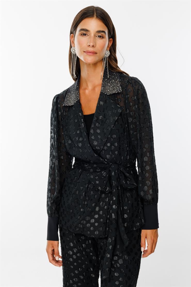 Modailgi  Yakası Taşlı Simli Puantiyeli Organze Tunik Siyah