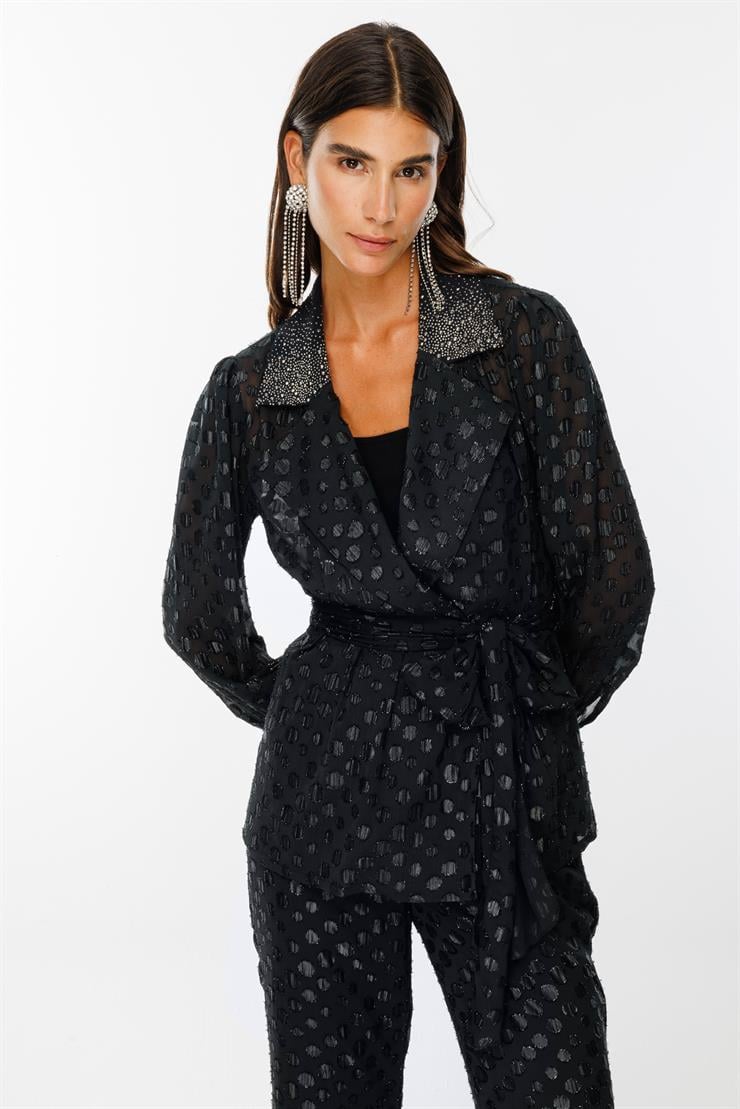 Modailgi  Yakası Taşlı Simli Puantiyeli Organze Tunik Siyah