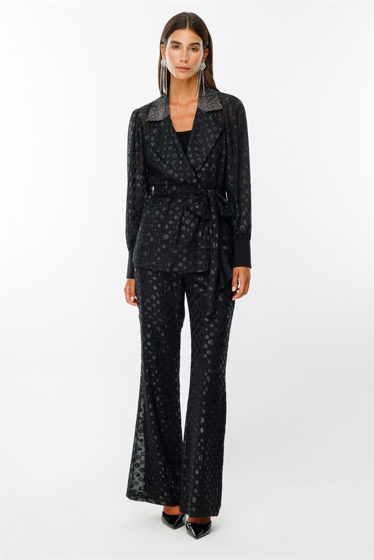 Modailgi  Yakası Taşlı Simli Puantiyeli Organze Tunik Siyah