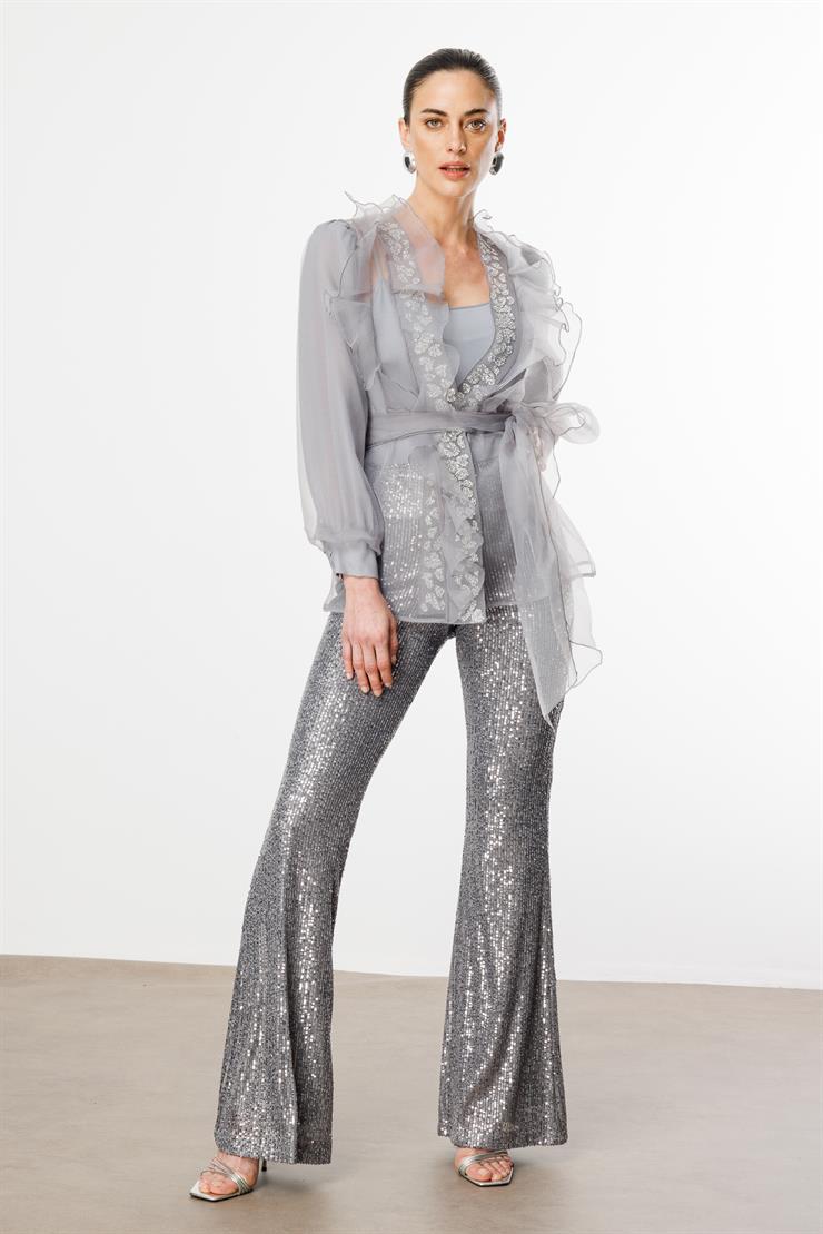 Modailgi  Yakası Taşlı Volanlı Kısa Organze Tunik Gri