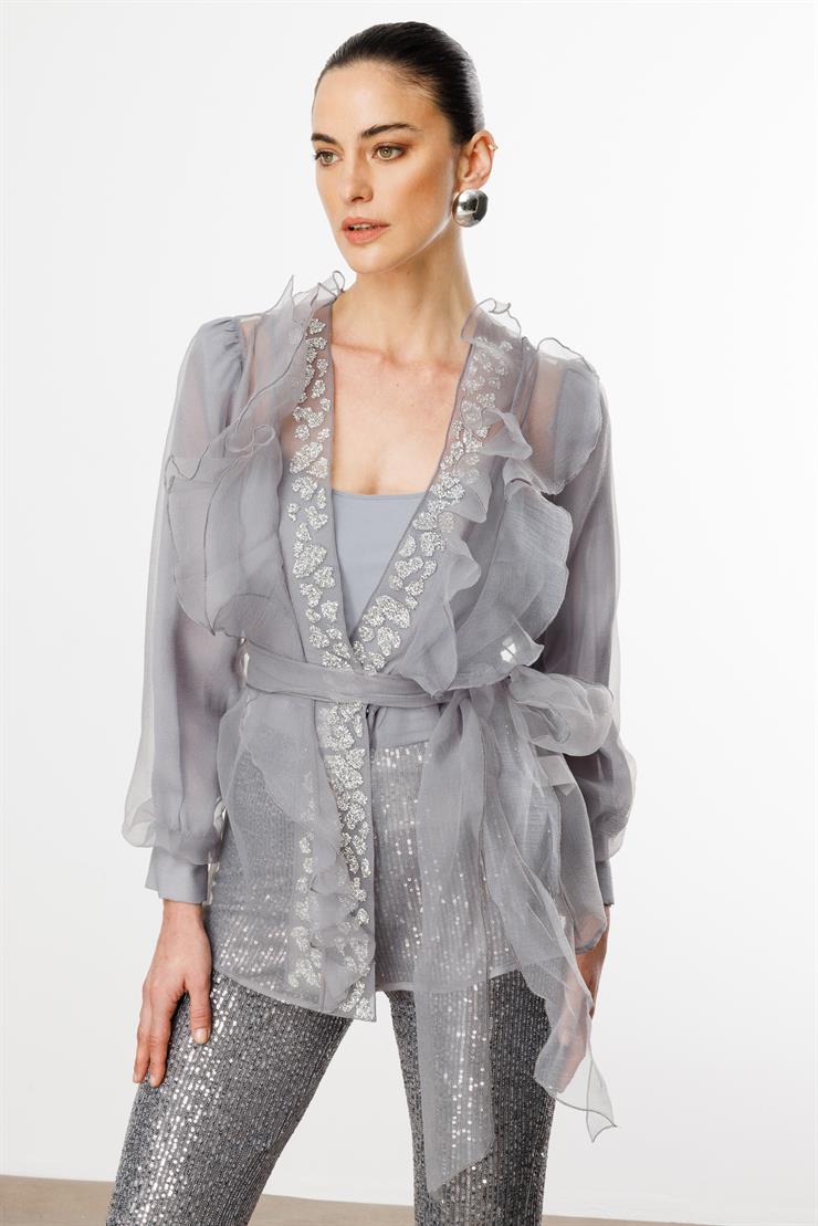 Modailgi  Yakası Taşlı Volanlı Kısa Organze Tunik Gri