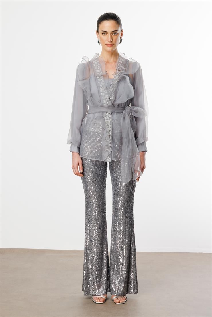 Modailgi  Yakası Taşlı Volanlı Kısa Organze Tunik Gri