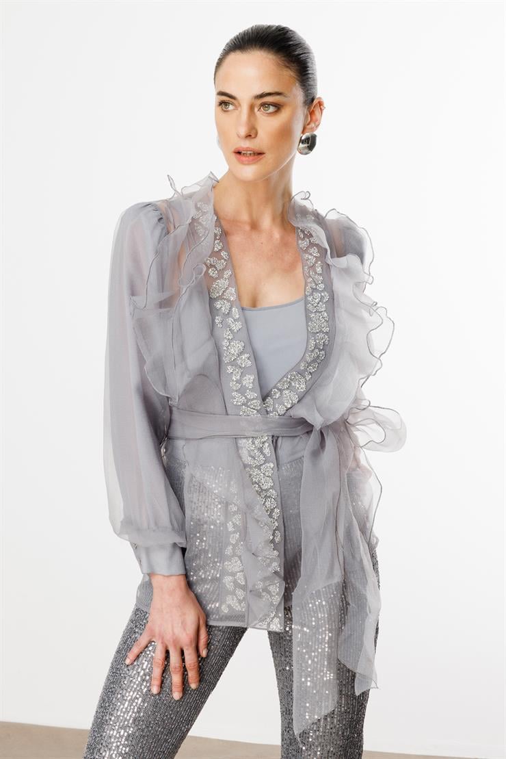 Modailgi  Yakası Taşlı Volanlı Kısa Organze Tunik Gri