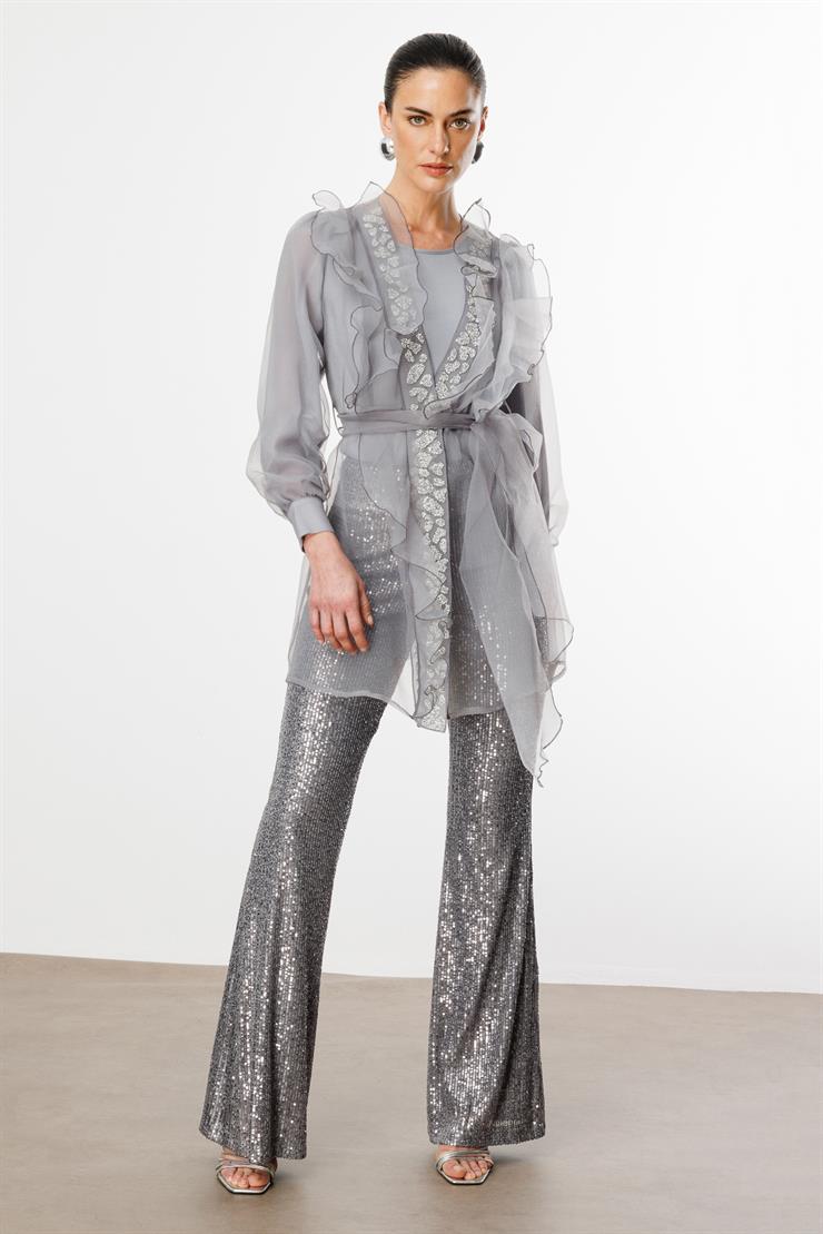 Modailgi  Yakası Taşlı Volanlı Uzun Organze Tunik Gri