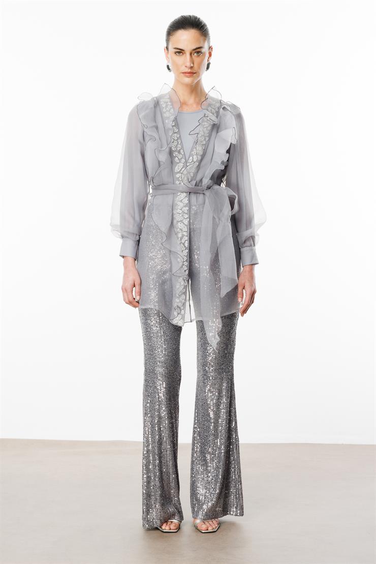 Modailgi  Yakası Taşlı Volanlı Uzun Organze Tunik Gri