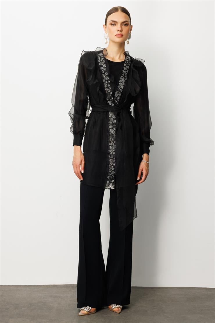 Modailgi  Yakası Taşlı Volanlı Uzun Organze Tunik Siyah