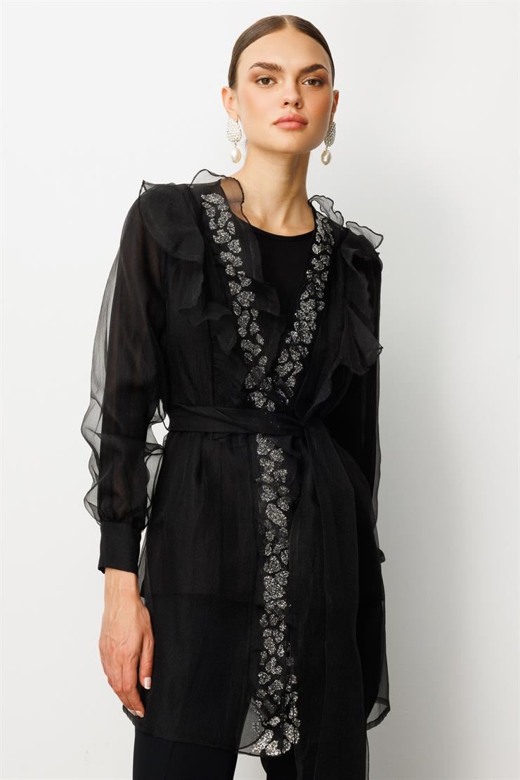 Modailgi  Yakası Taşlı Volanlı Uzun Organze Tunik Siyah
