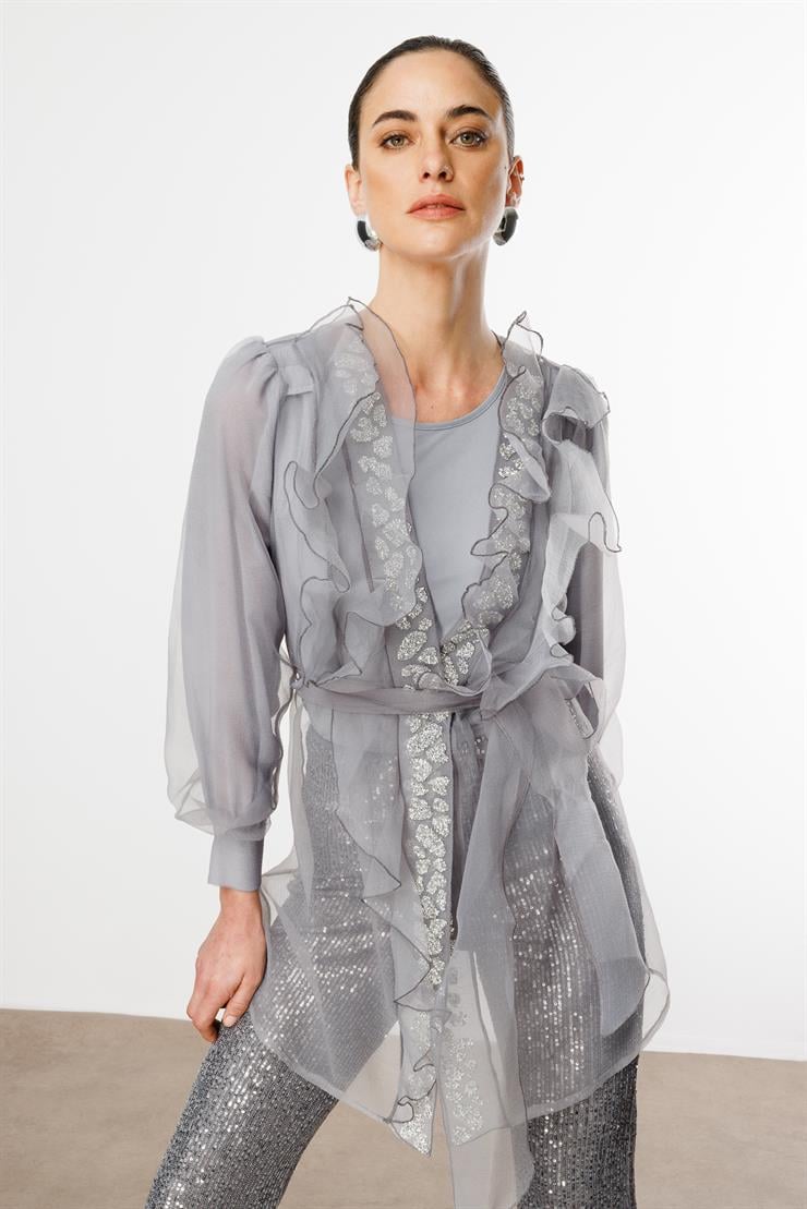 Modailgi  Yakası Taşlı Volanlı Uzun Organze Tunik Gri