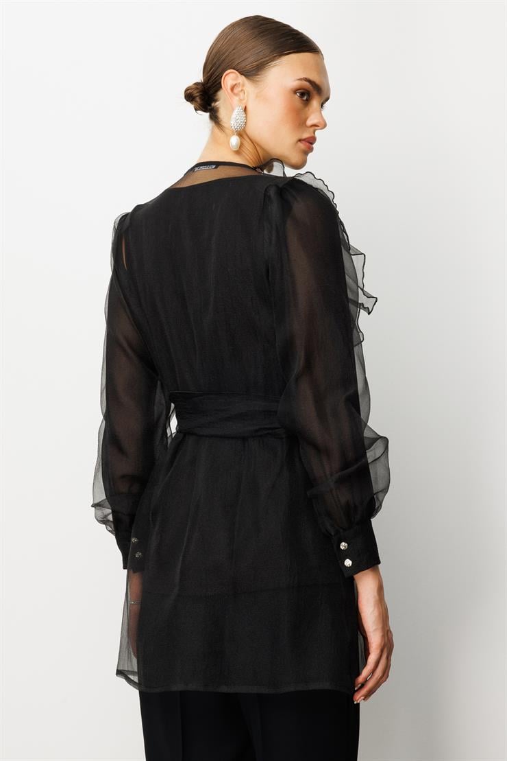 Modailgi  Yakası Taşlı Volanlı Uzun Organze Tunik Siyah