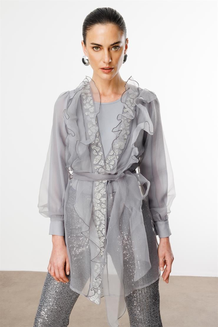 Modailgi  Yakası Taşlı Volanlı Uzun Organze Tunik Gri