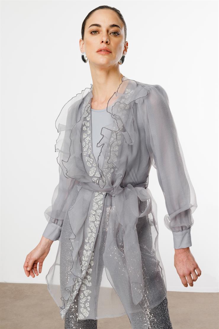Modailgi  Yakası Taşlı Volanlı Uzun Organze Tunik Gri