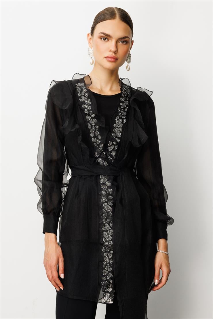 Modailgi  Yakası Taşlı Volanlı Uzun Organze Tunik Siyah