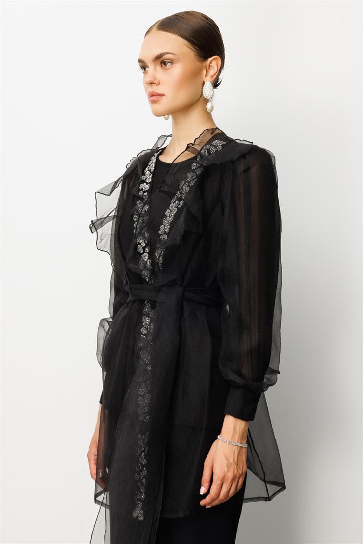 Modailgi  Yakası Taşlı Volanlı Uzun Organze Tunik Siyah