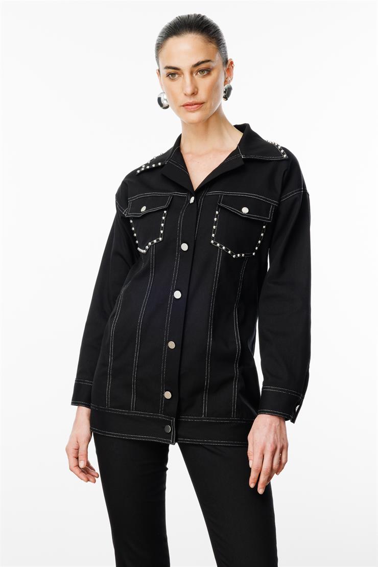 Modailgi  Yakası ve Cep Torbaları Zımba Detaylı Uzun Spor Ceket - 40101 Siyah