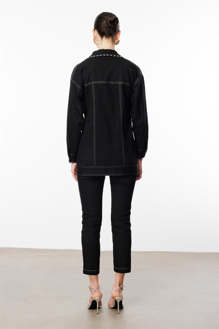 Modailgi  Yakası ve Cep Torbaları Zımba Detaylı Uzun Spor Ceket - 40101 Siyah