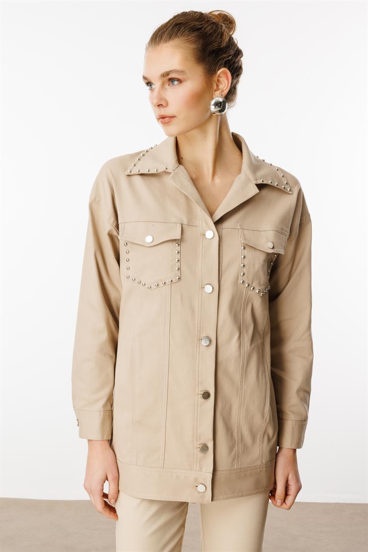 Modailgi  Yakası ve Cep Torbaları Zımba Detaylı Uzun Spor Ceket - 40101 Taş