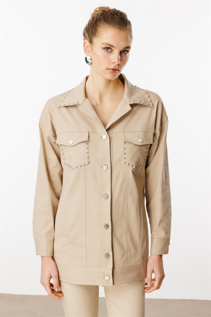 Modailgi  Yakası ve Cep Torbaları Zımba Detaylı Uzun Spor Ceket - 40101 Taş