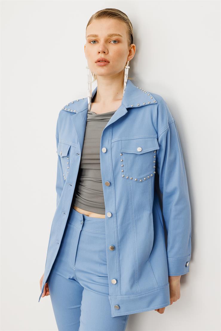 Modailgi  Yakası ve Cep Torbaları Zımba Detaylı Uzun Spor Ceket - 40101 Mavi