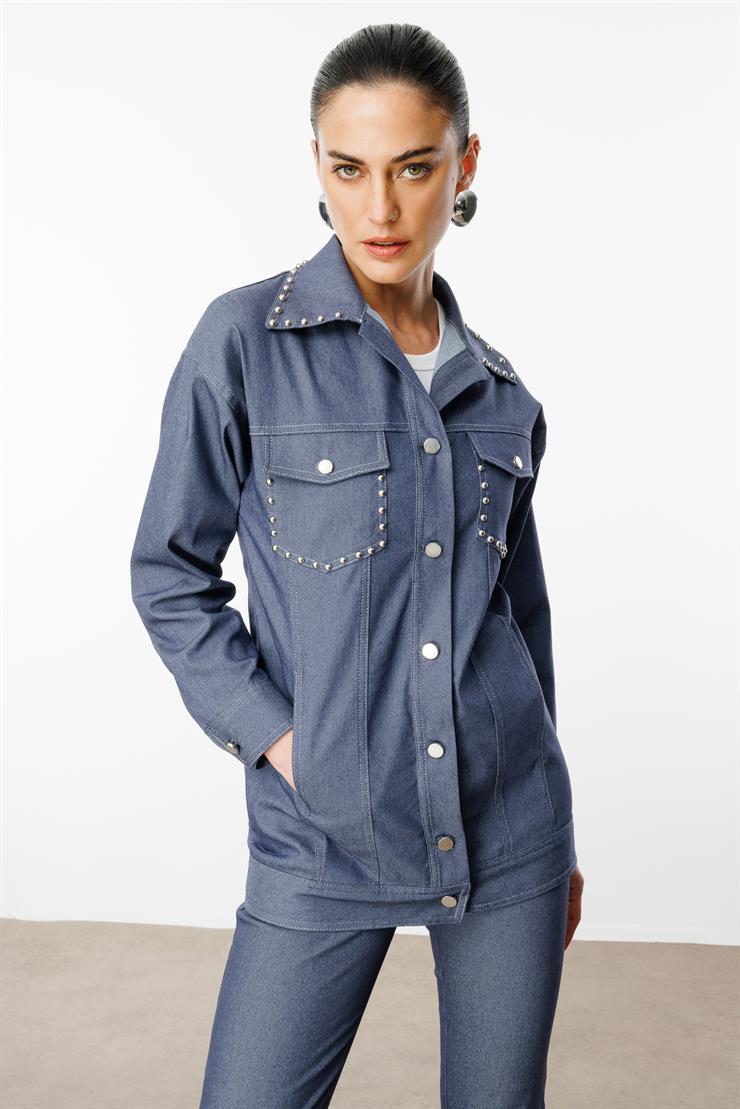 Modailgi  Yakası ve Cep Torbaları Zımba Detaylı Uzun Spor Ceket - 40101 İndigo