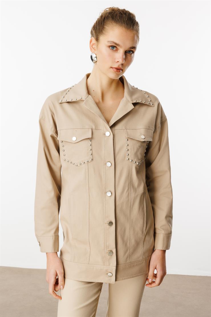 Modailgi  Yakası ve Cep Torbaları Zımba Detaylı Uzun Spor Ceket - 40101 Taş