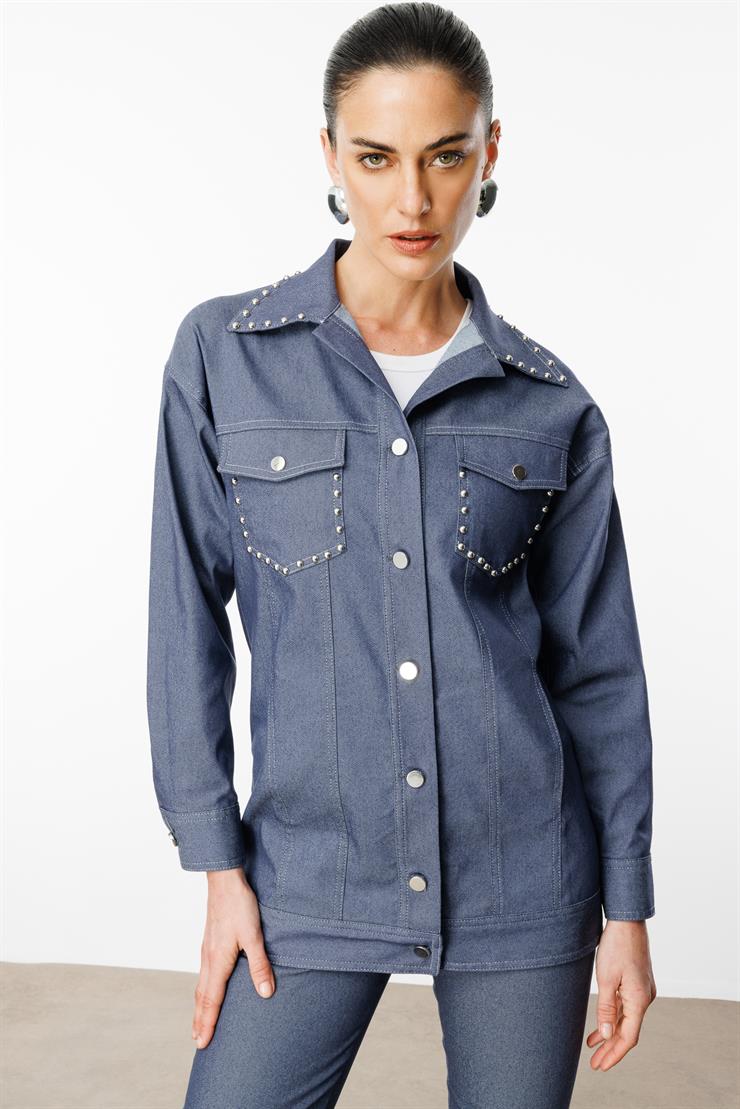 Modailgi  Yakası ve Cep Torbaları Zımba Detaylı Uzun Spor Ceket - 40101 İndigo