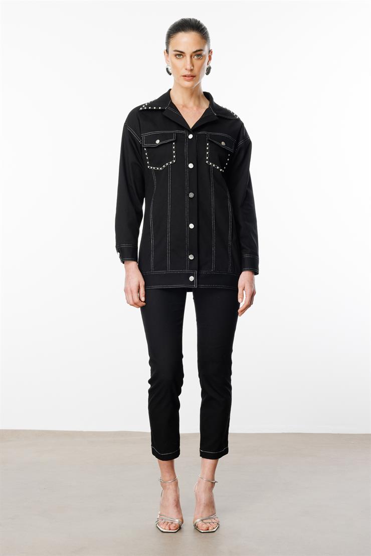 Modailgi  Yakası ve Cep Torbaları Zımba Detaylı Uzun Spor Ceket - 40101 Siyah