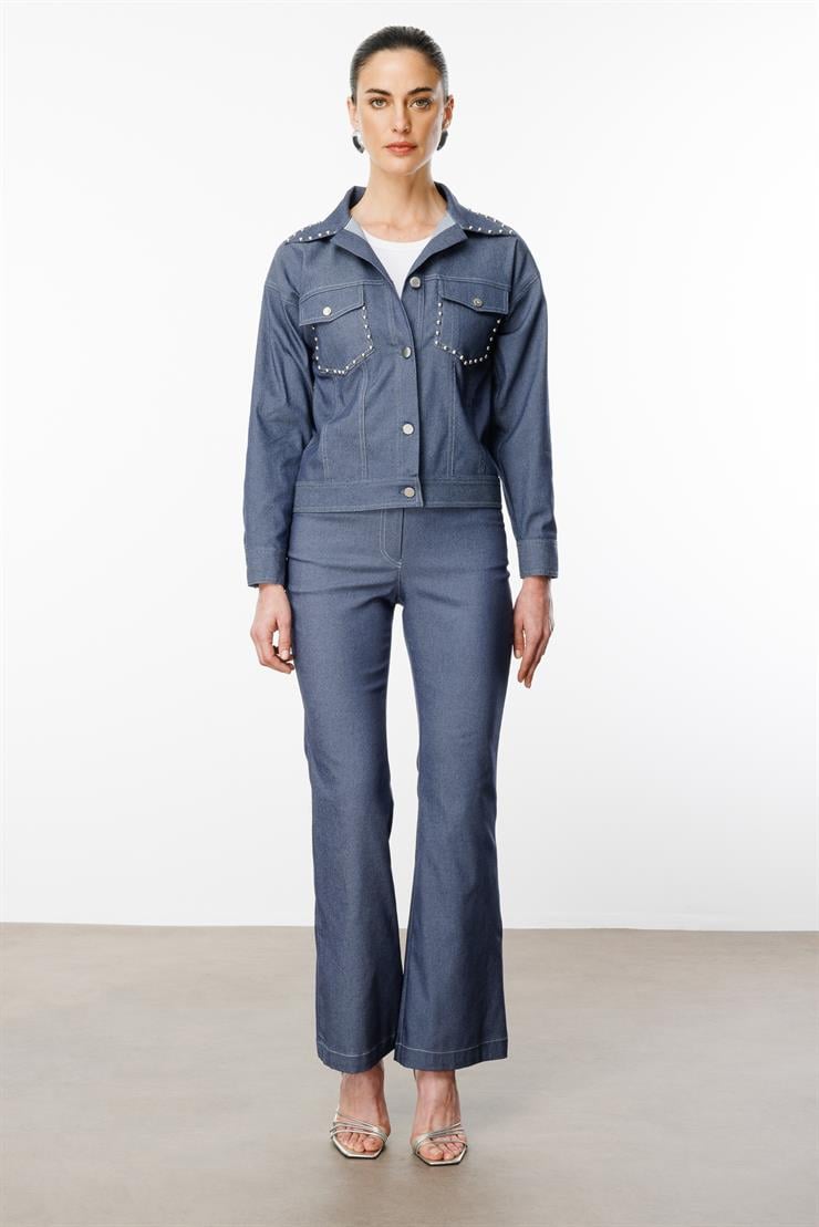 Modailgi  Yakası ve Cep Torbaları Zımba Detaylı Kısa Spor Ceket - 40102 İndigo