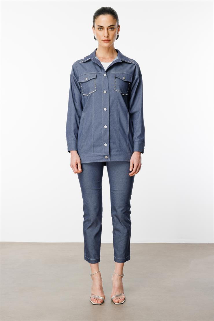 Modailgi  Yakası ve Cep Torbaları Zımba Detaylı Uzun Spor Ceket - 40101 İndigo