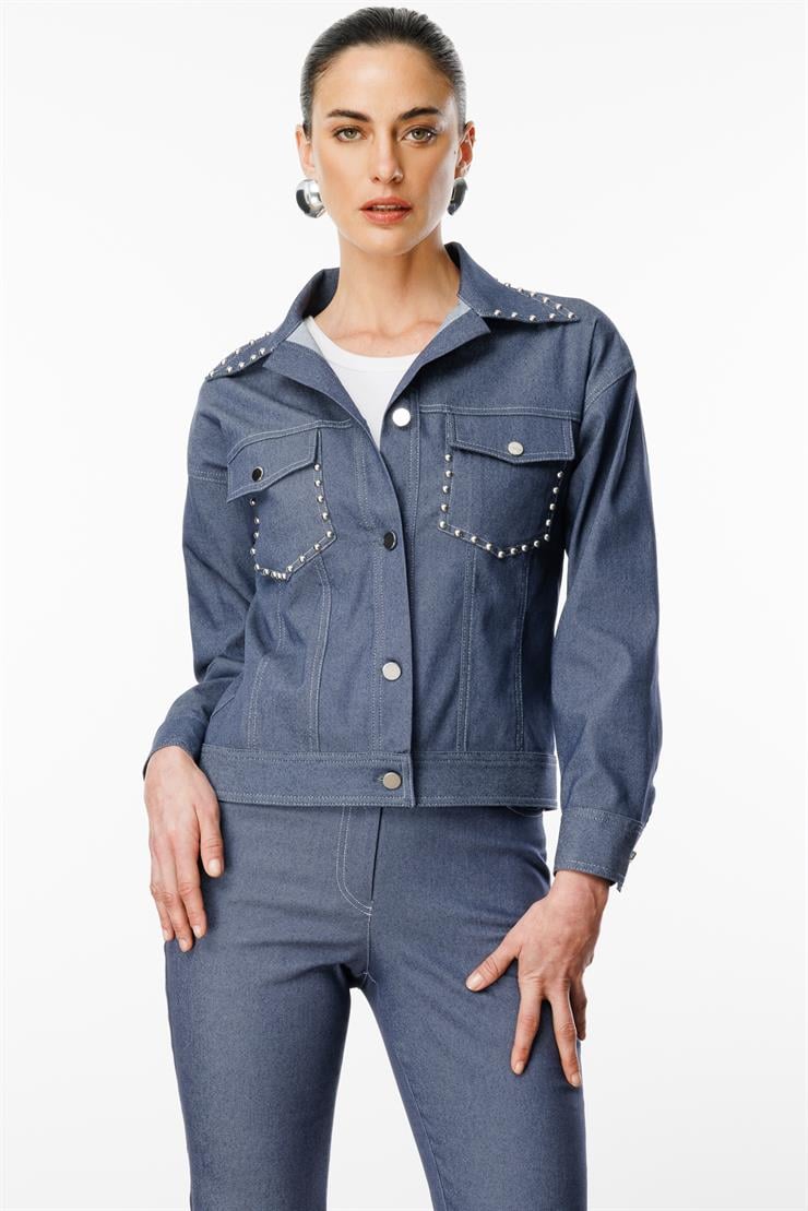 Modailgi  Yakası ve Cep Torbaları Zımba Detaylı Kısa Spor Ceket - 40102 İndigo