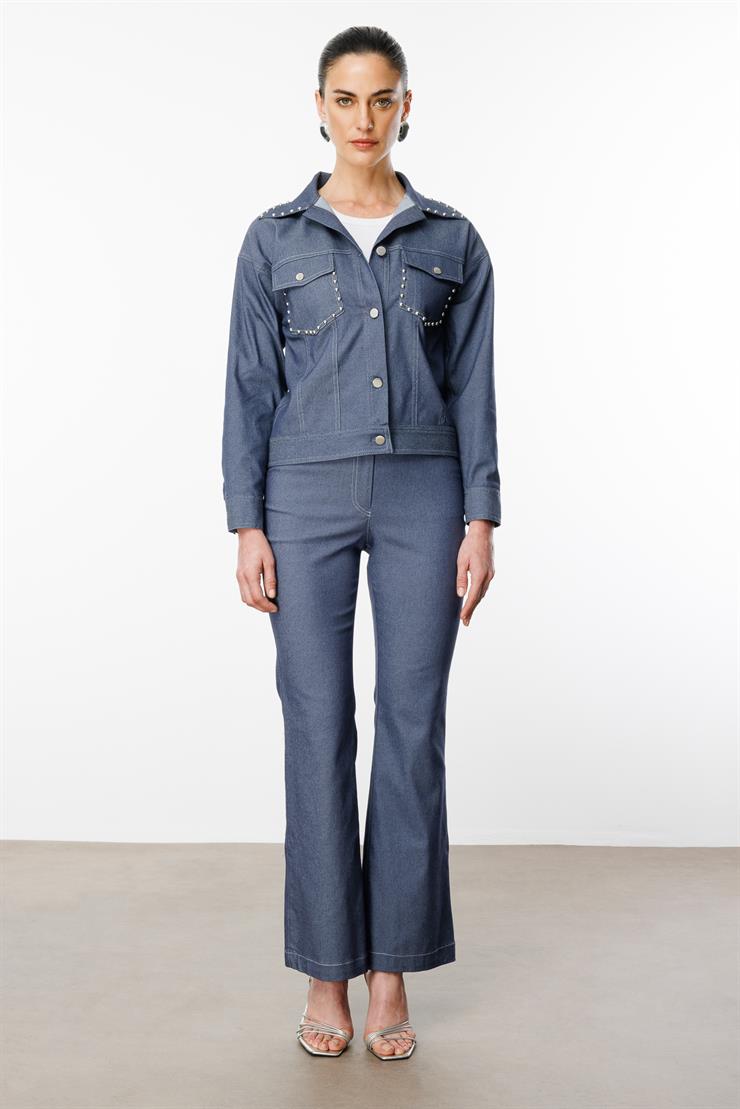 Modailgi  Yakası ve Cep Torbaları Zımba Detaylı Kısa Spor Ceket - 40102 İndigo