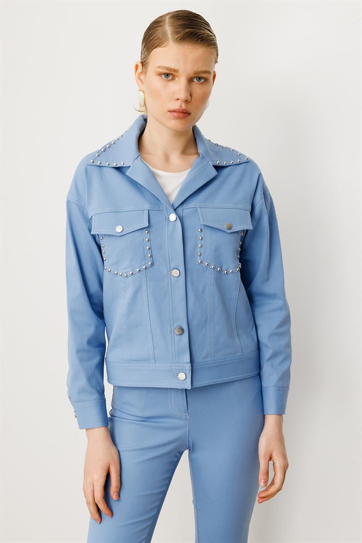 Modailgi  Yakası ve Cep Torbaları Zımba Detaylı Kısa Spor Ceket - 40102 Mavi