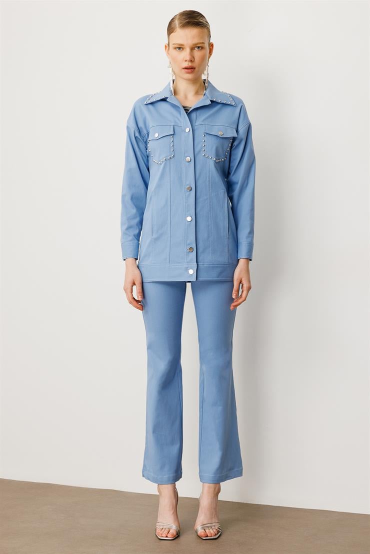 Modailgi  Yakası ve Cep Torbaları Zımba Detaylı Uzun Spor Ceket - 40101 Mavi