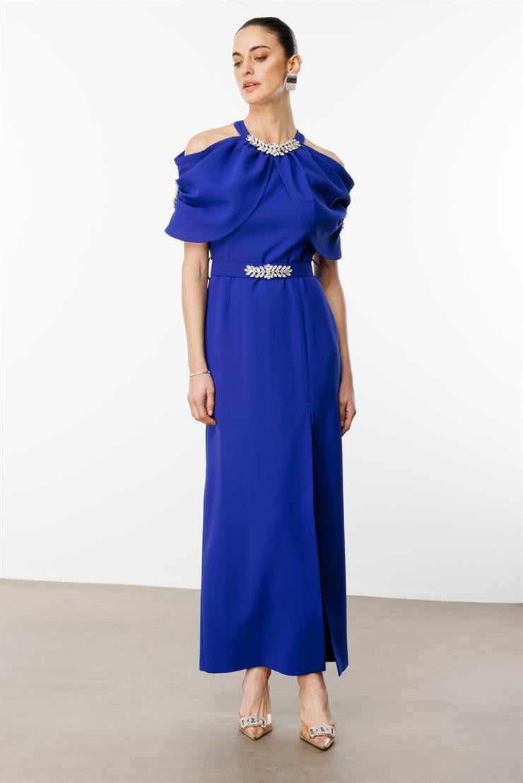 Modailgi  Yakası ve Kemeri Aksesuar Detaylı Elbise Saks