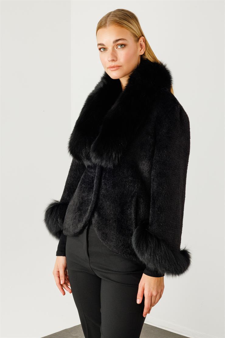 Modailgi  Yakası ve Kol Manşeti Orijinal Kürklü Alcantara Kaban Siyah