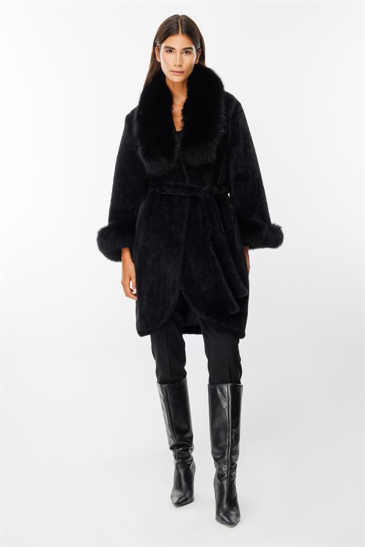 Modailgi  Yakası ve Kol Manşeti Orijinal Kürklü Beli Kuşaklı Alcantara Kaban Siyah