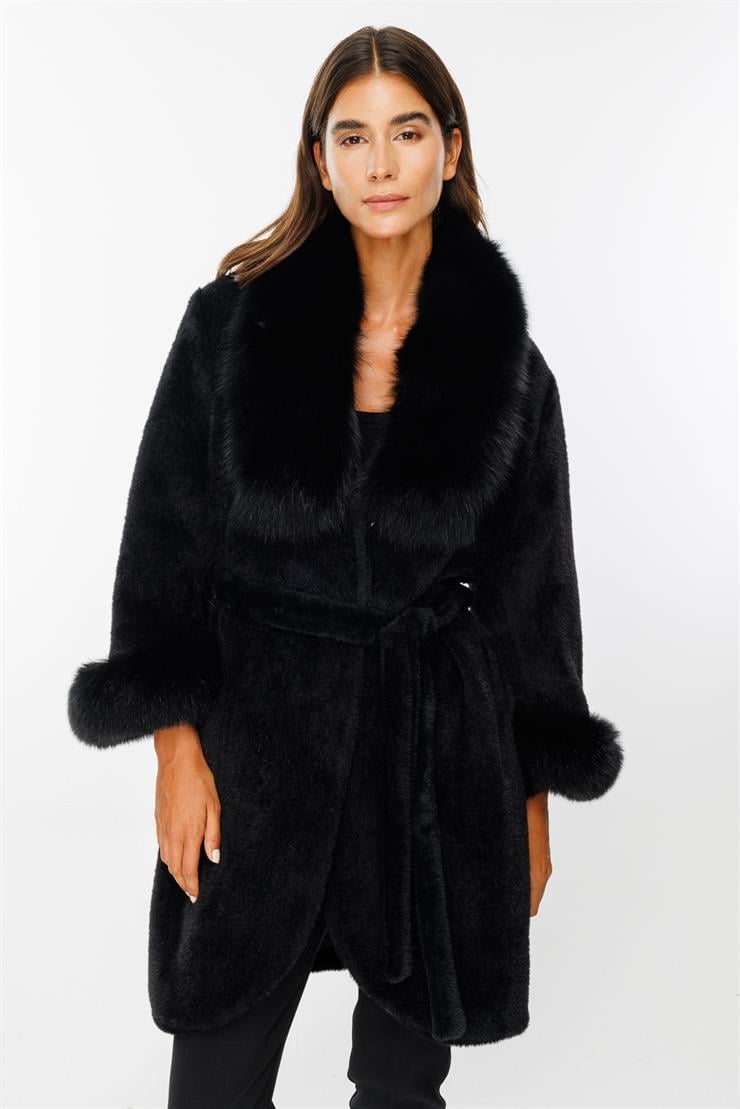 Modailgi  Yakası ve Kol Manşeti Orijinal Kürklü Beli Kuşaklı Alcantara Kaban Siyah