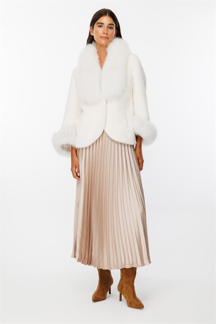 Modailgi  Yakası ve Kol Manşeti Orijinal Kürklü Alcantara Kaban Ekru