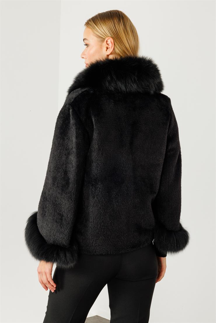 Modailgi  Yakası ve Kol Manşeti Orijinal Kürklü Alcantara Kaban Siyah