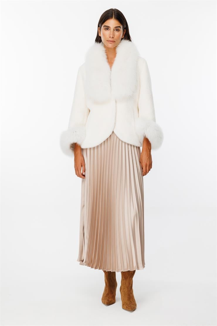 Modailgi  Yakası ve Kol Manşeti Orijinal Kürklü Alcantara Kaban Ekru