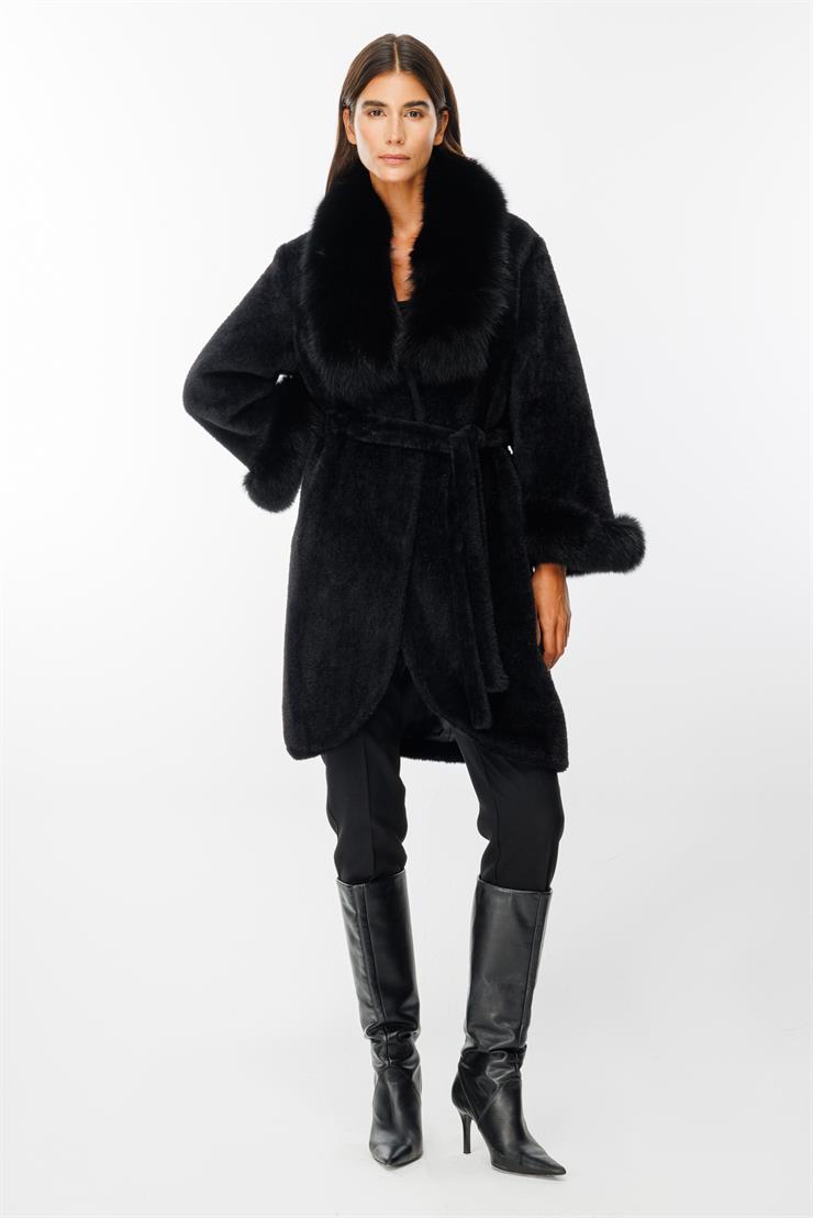 Modailgi  Yakası ve Kol Manşeti Orijinal Kürklü Beli Kuşaklı Alcantara Kaban Siyah