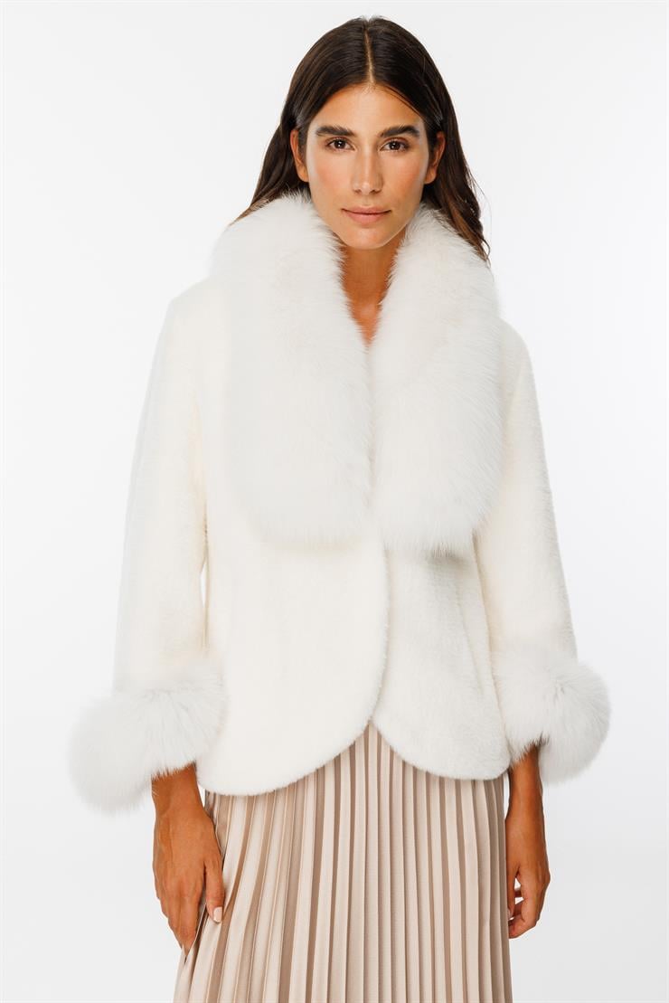 Modailgi  Yakası ve Kol Manşeti Orijinal Kürklü Alcantara Kaban Ekru