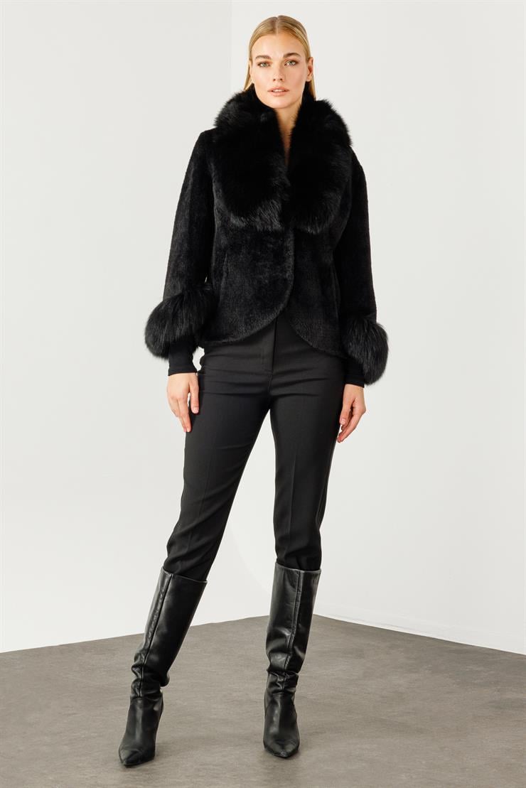 Modailgi  Yakası ve Kol Manşeti Orijinal Kürklü Alcantara Kaban Siyah