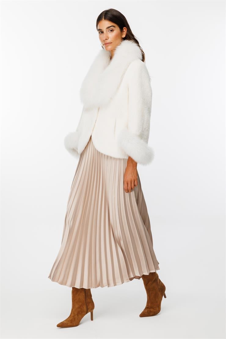 Modailgi  Yakası ve Kol Manşeti Orijinal Kürklü Alcantara Kaban Ekru