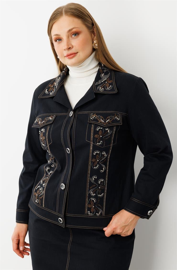 Modailgi  Yakası Ve Ön Bedeni Taş Detaylı Önü Düğmeli Denim Ceket - 30068 Lacivert