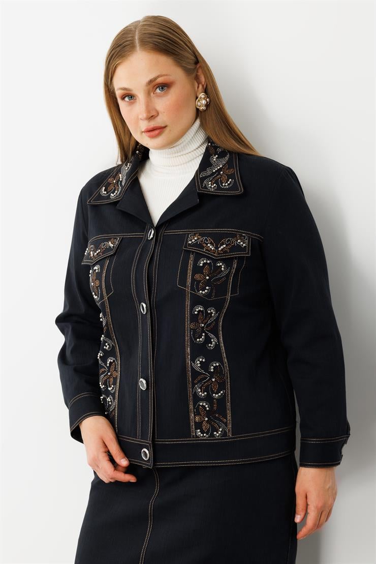 Modailgi  Yakası Ve Ön Bedeni Taş Detaylı Önü Düğmeli Denim Ceket - 30068 Lacivert