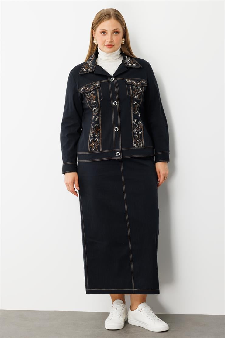 Modailgi  Yakası Ve Ön Bedeni Taş Detaylı Önü Düğmeli Denim Ceket - 30068 Lacivert